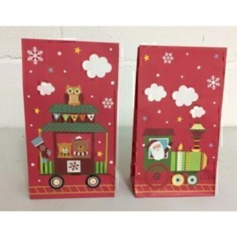 Christmas Gift Bags Train Livio by Stewo - Pack of 6 Pack of 6 Christmas paper gift bags red festive train design Livio by Swiss designer Stewo. This beautiful gift bag by Swiss designer Stewo will not disappoint beautiful detail of a train with father Christmas driving and a carriage with teddy bear passen